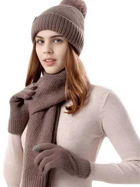 3-Piece Winter Set Beanie Hat Scarf Touchscreen Gloves Set for Women Warm Knit Fleece Lined Hat Set