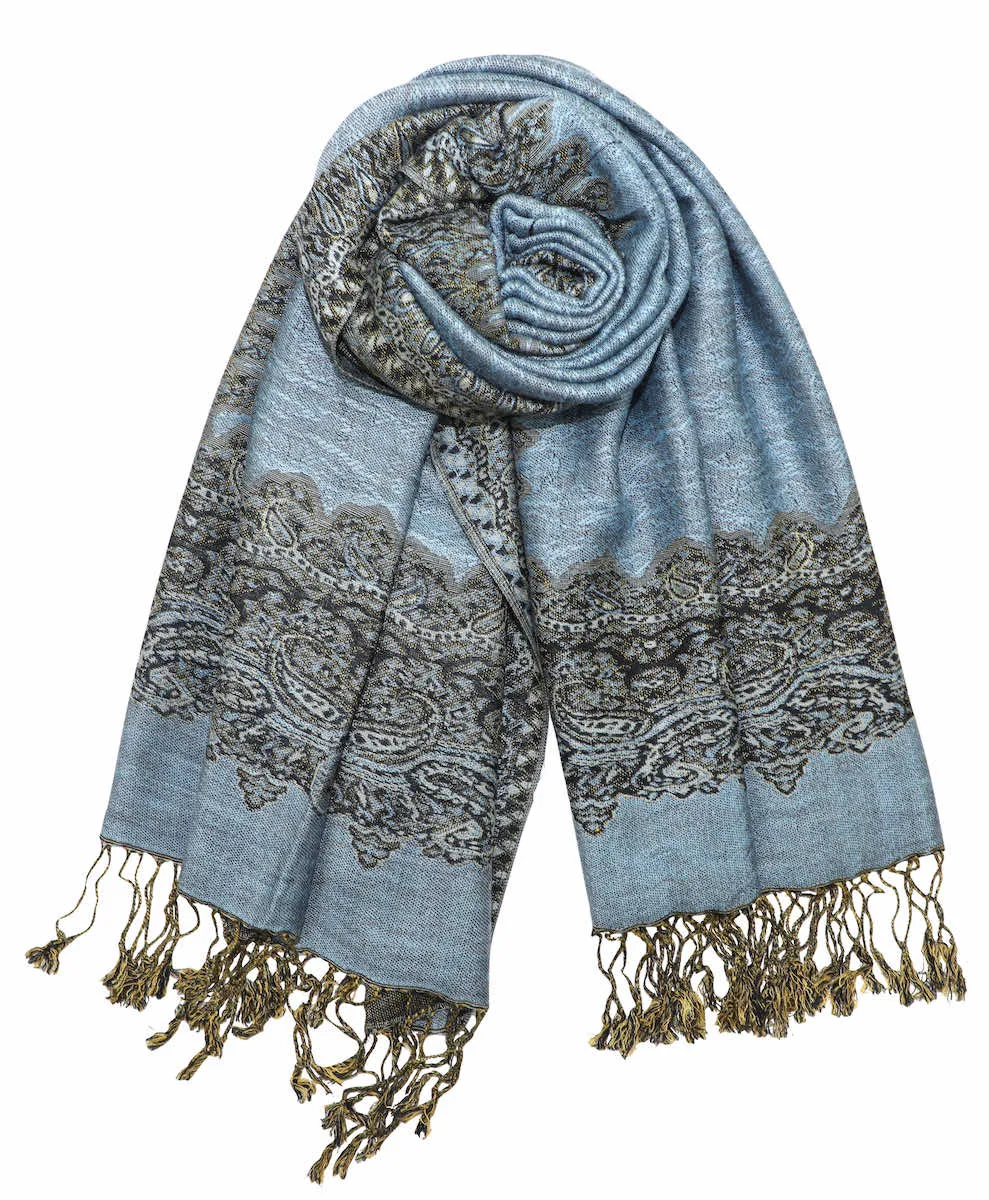 Achillea Steel Blue Border Pashmina Shawl Wrap Scarf