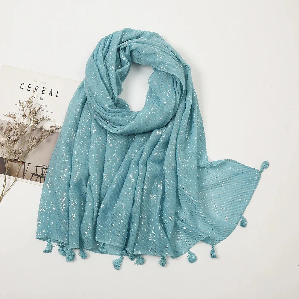 Big Size Plain Glitter Tassel Viscose Shawl Scarf Lady High Quality Wrinkle Wrap Pashmina Stole Bufandas Muslim Hijab 190*85Cm