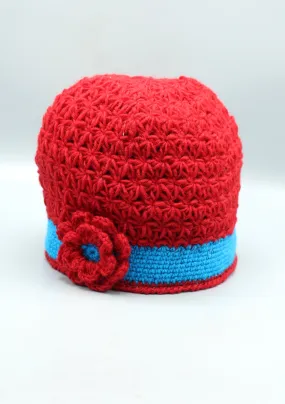 Blue Border Flower Attached Red Warm Crocheted Woolen Beanie