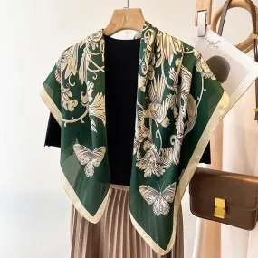 Green Boho Flora Chic Large Satin Scarf | 90x90cm Bandana | Twill Satin Shawl | Perfect Gift for Her, Mother's Day