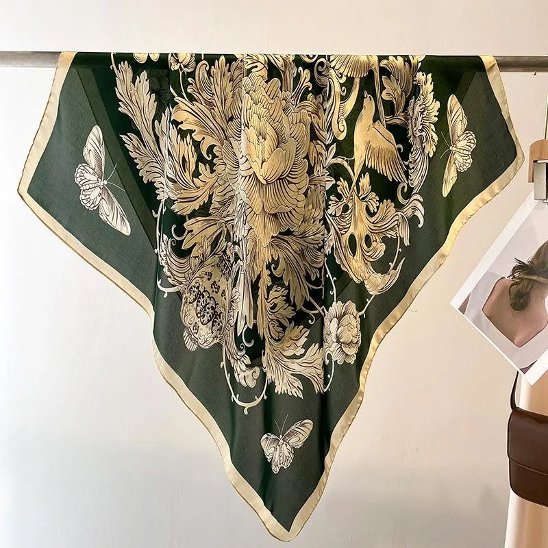 Green Boho Flora Chic Large Satin Scarf | 90x90cm Bandana | Twill Satin Shawl | Perfect Gift for Her, Mother's Day