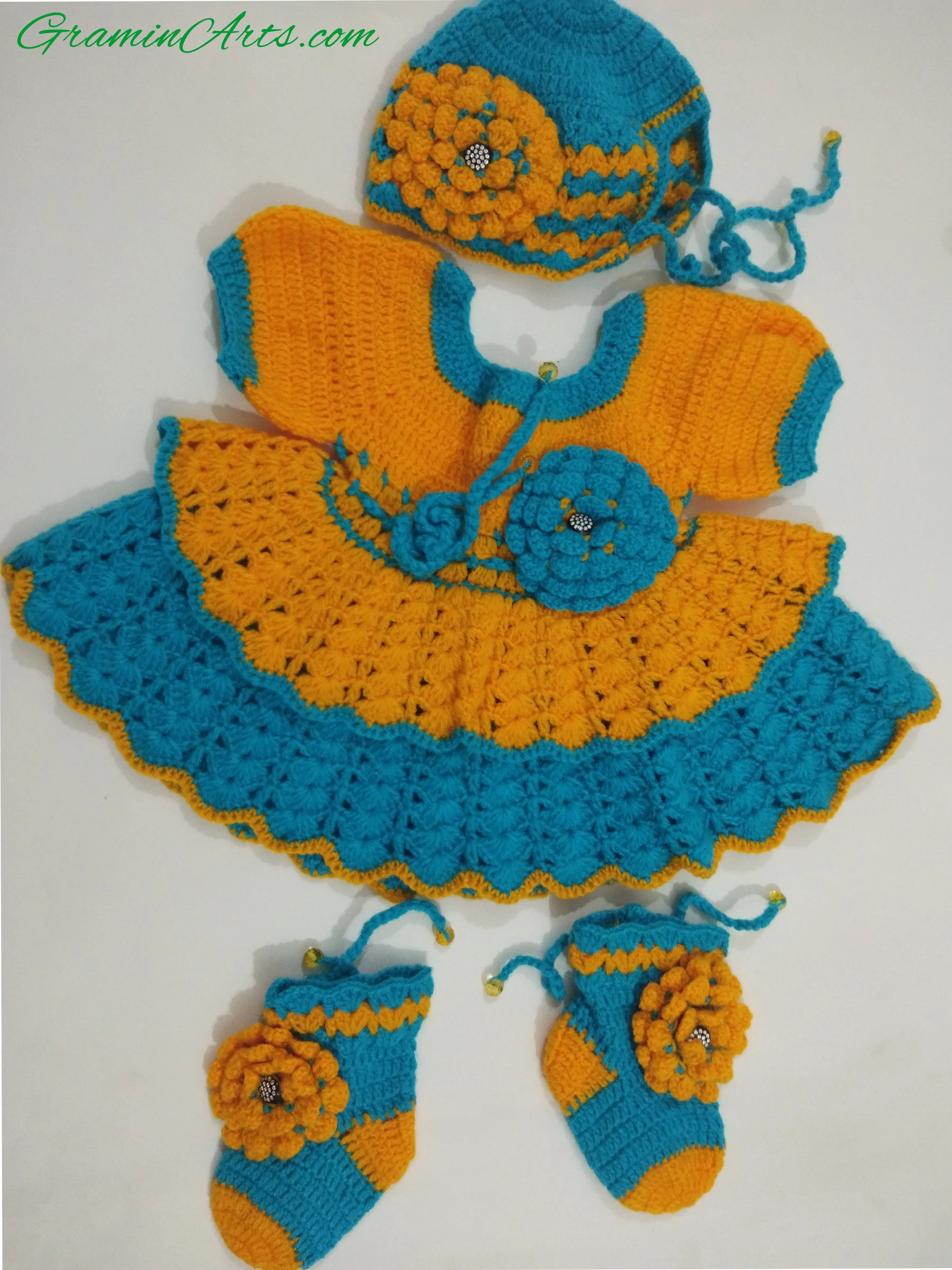 Handmade woolen frock design for baby girl 0-1 year Yellow and sky blue color with beatuful flower