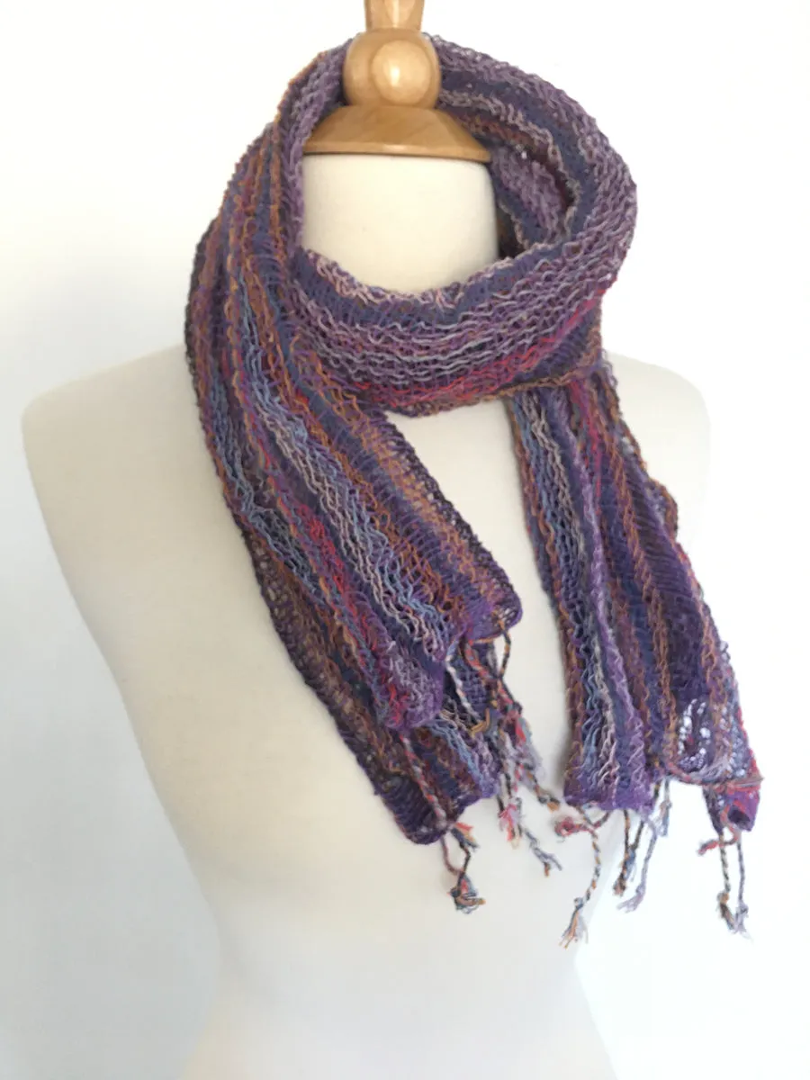 Handwoven Open Weave Cotton Scarf - Multicolor Purple