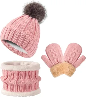 Kids Winter Beanie Hat Gloves Scarf Set, Girls Boys