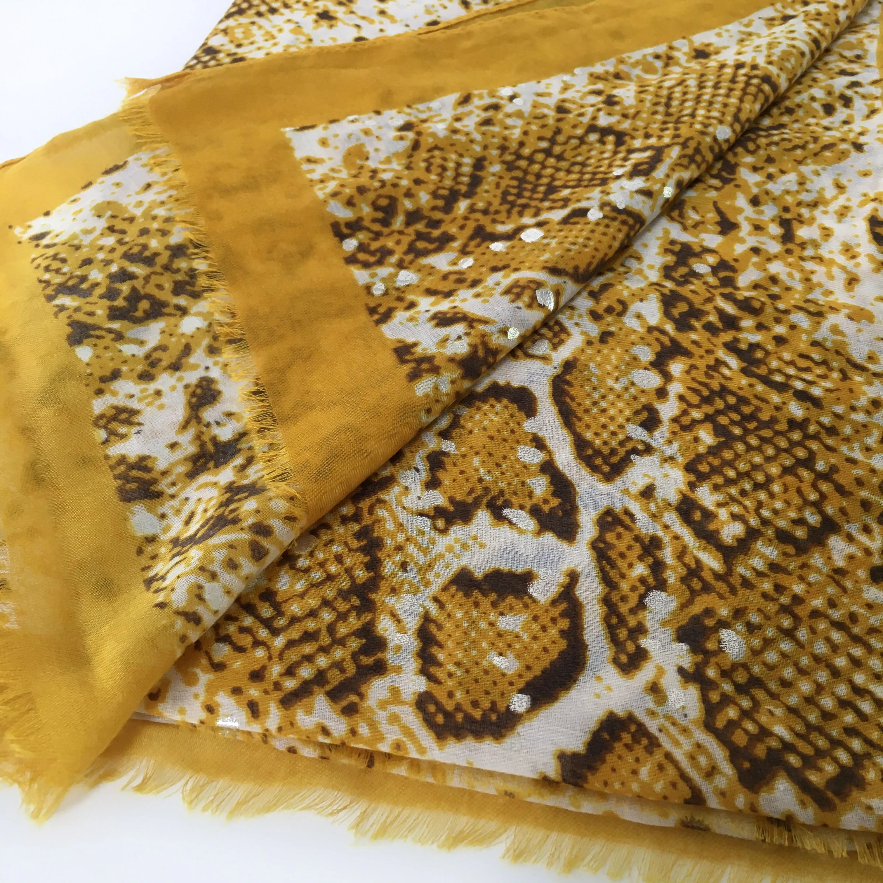 LARGE MUSTARD YELLOW SNAKESKIN PRINT SHAWL SCARF WITH METALLIC DETAILING