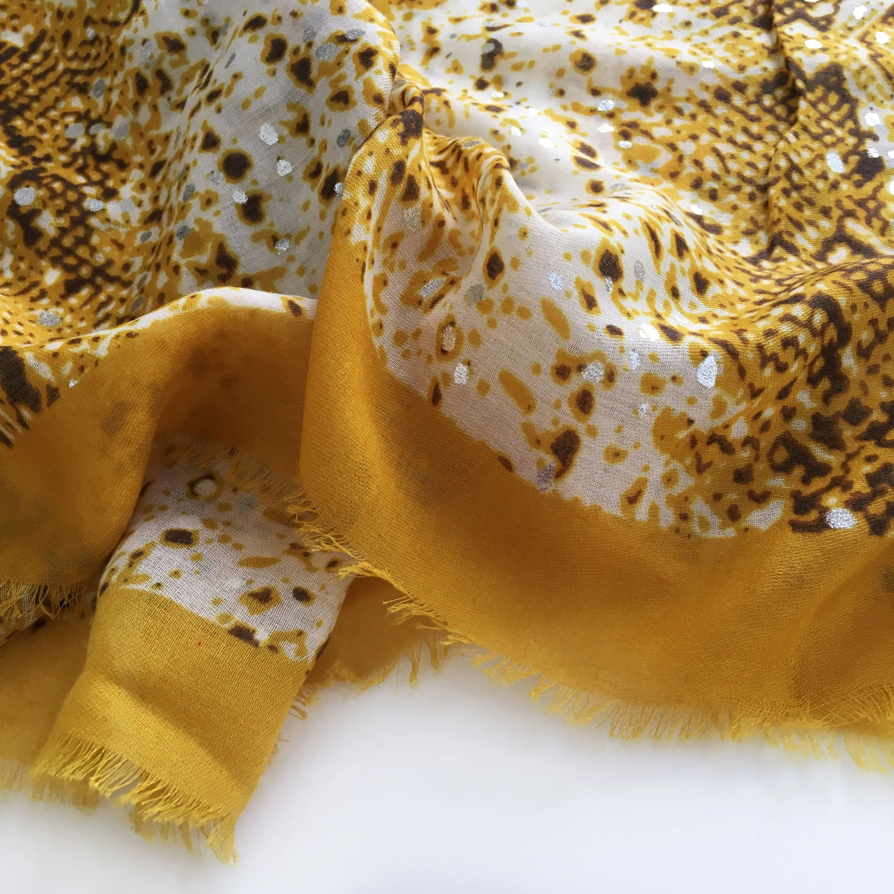 LARGE MUSTARD YELLOW SNAKESKIN PRINT SHAWL SCARF WITH METALLIC DETAILING