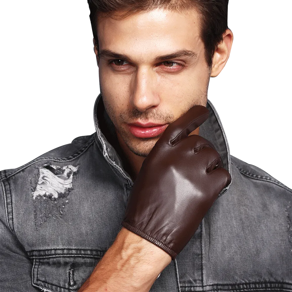 Men Tight Leather Gloves Short Wrist Fitted Touch screen Unlined Driver Gloves