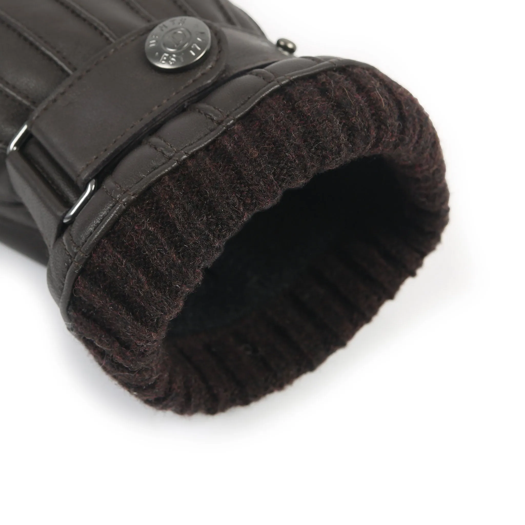 Men’s Touchscreen Wool Blend-Lined Leather Gloves with Vertical Stitch Design and Knitted Cuffs