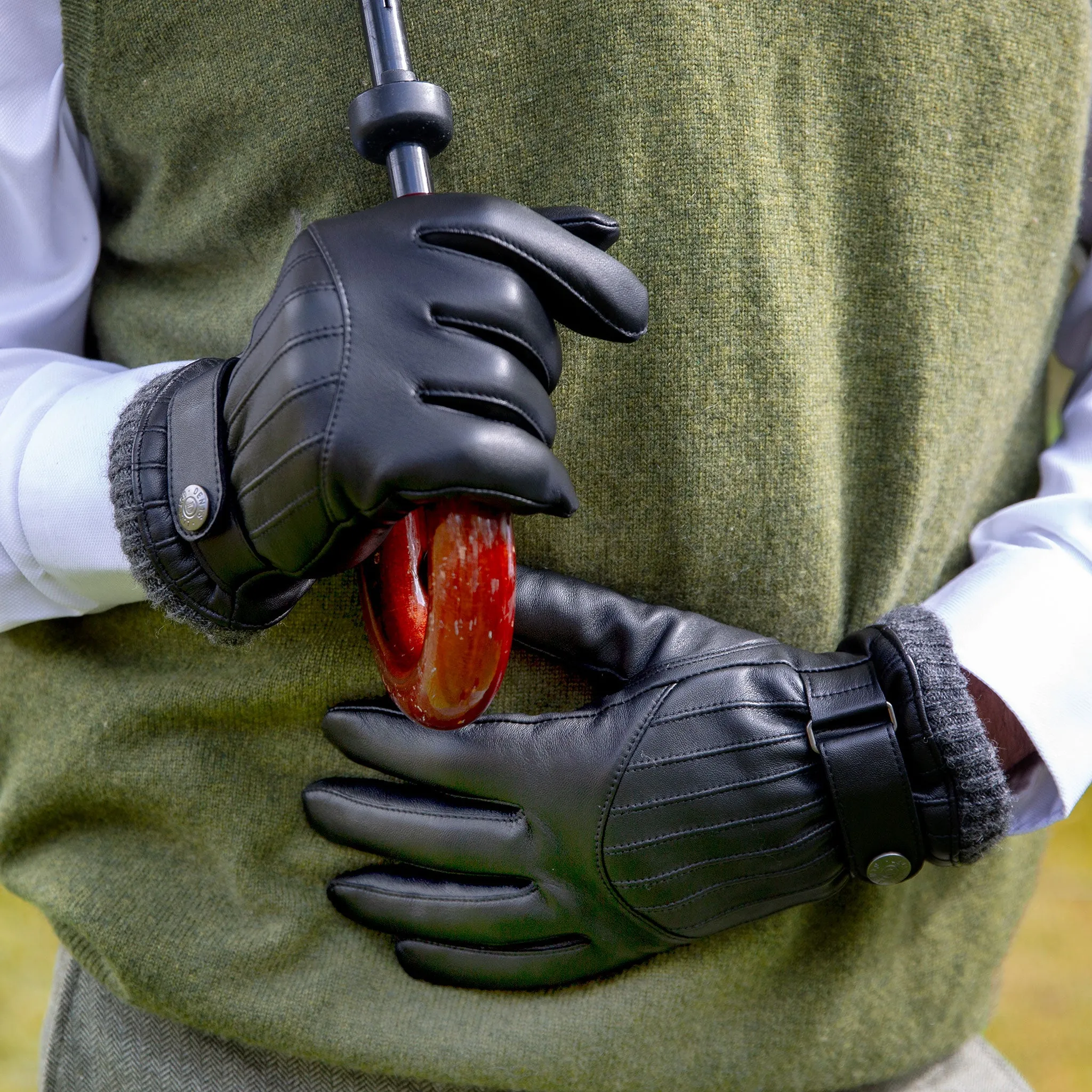 Men’s Touchscreen Wool Blend-Lined Leather Gloves with Vertical Stitch Design and Knitted Cuffs