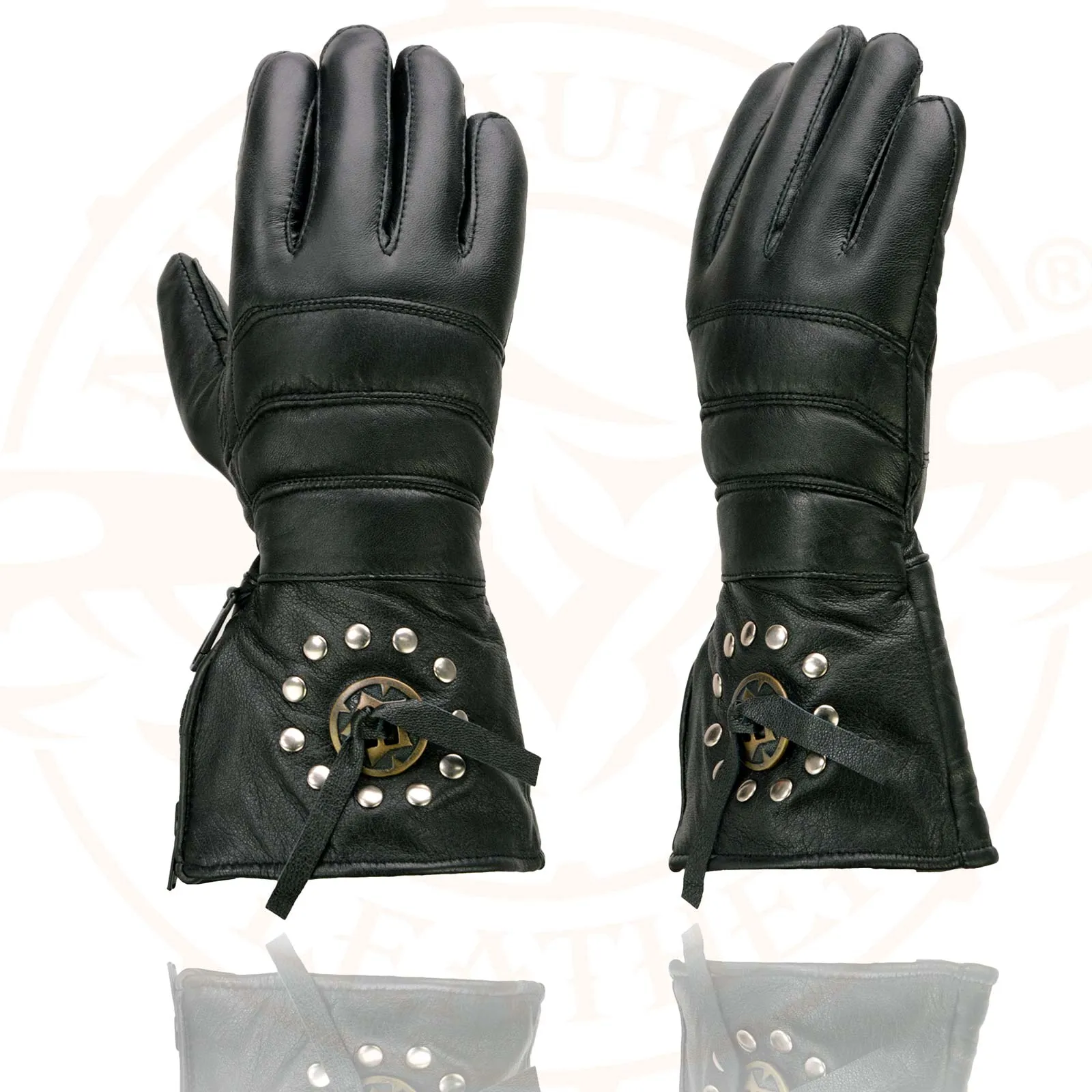 Milwaukee Leather Men's Gauntlet Motorcycle Hand Gloves-Black Leather Thermal Lined with Conchos on Cuff- SH238