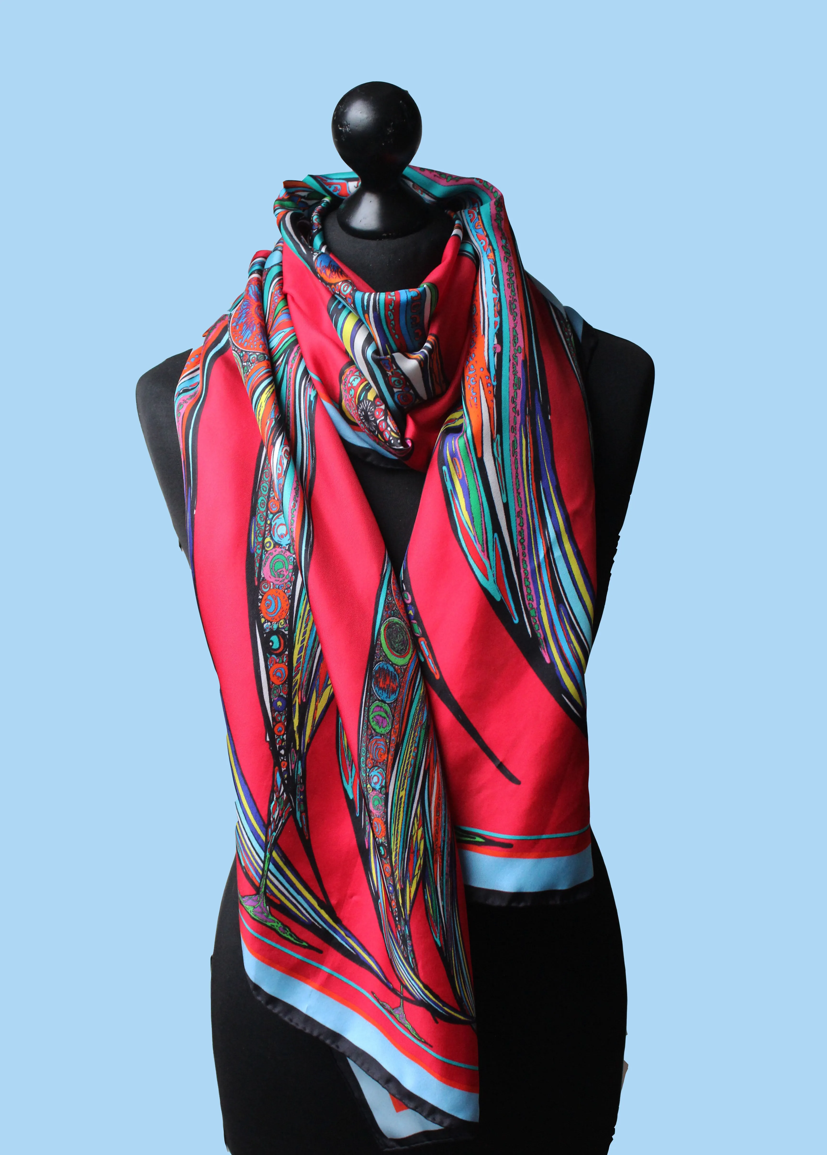 Red Bowing Birds, 100% Silk Twill, Long Rectangular Scarf