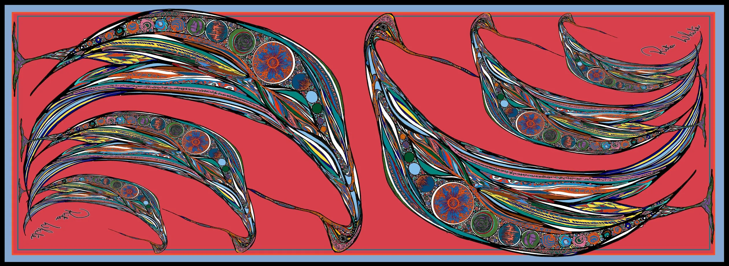 Red Bowing Birds, 100% Silk Twill, Long Rectangular Scarf